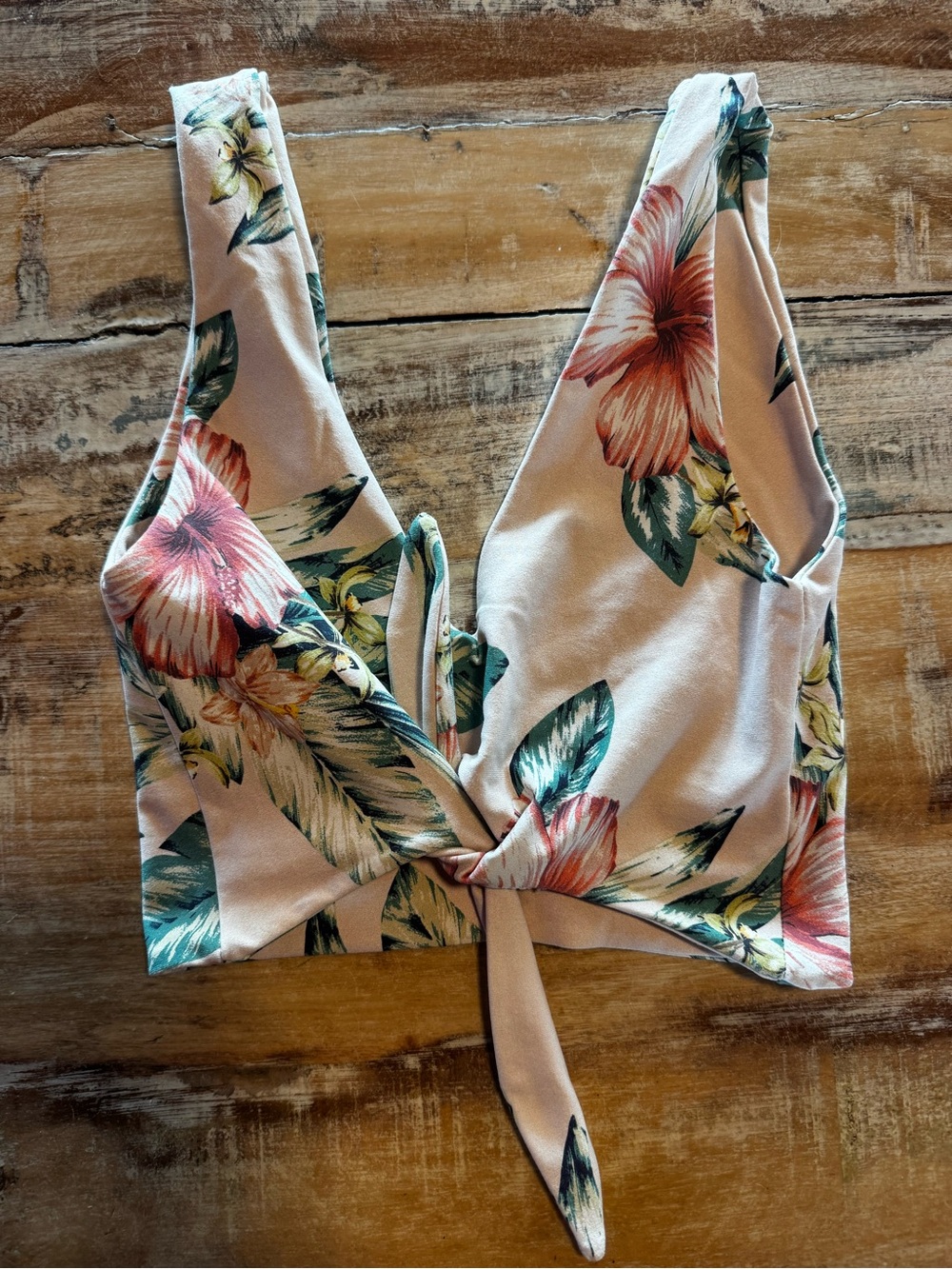 Montce Swim Floral Tie-Front Bikini Top in XS- Blush with Green & Coral Print